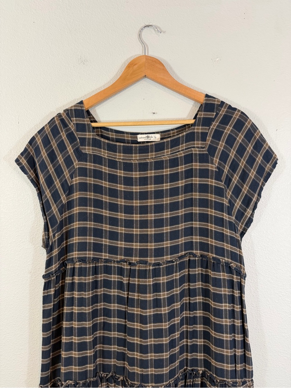 Natural Life Plaid Berkley Maxi Dress Size L Blue Tan Square Neck Tiered Casual - Picture 3 of 7